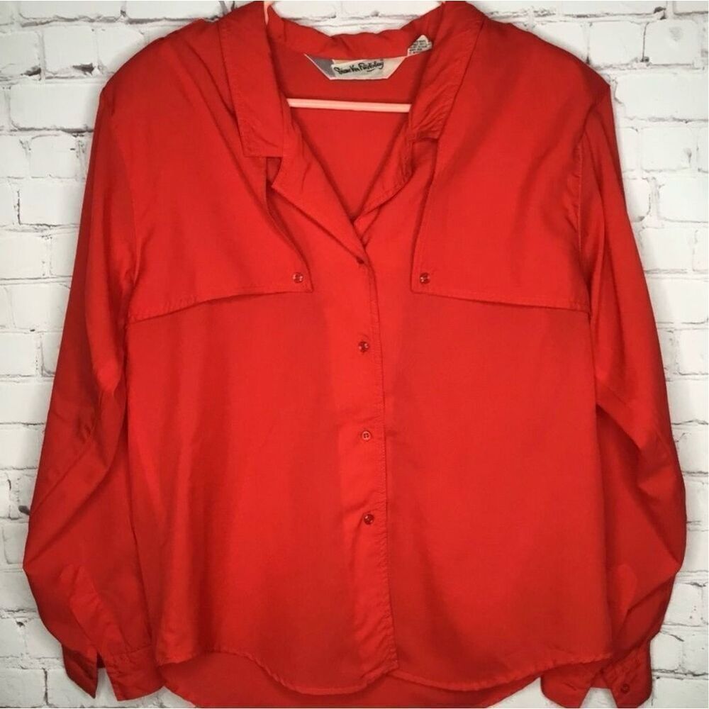 VTG Diane Von Furstenberg Sz 10 Red Blouse Roll Tab Long Sleeve Button Up Top